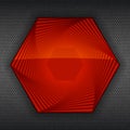 Red hexagonal banner with layers. Button on dark techno background Vector.