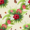 Red Hibiscus flower, green leaves and butterflies. Seamless background with nature vegetation