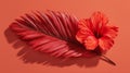 Red Hibiscus Flower and Leaf on Orange Background Royalty Free Stock Photo
