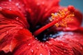 Red hibiscus flower with red petals and rain water drops close up. Generative AI Royalty Free Stock Photo