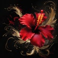 Red hibiscus flowers in black background Querulous swirls gold leaf tips. Generative AI