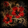 Red hibiscus flowers in black background Querulous swirls gold leaf tips. Generative AI Royalty Free Stock Photo
