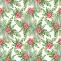 Red hibiscus flowers with tropical palm leaves on a white background. Watercolor illustration. Seamless pattern. For Royalty Free Stock Photo