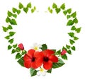 Red hibiscus and fragipani flowers with green ivy leaves in heart shape arrangement