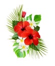 Red hibiscus and fragipani flowers with green tropical leaves in exotic arrangement