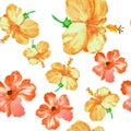 Red Hibiscus Illustration. Orange Seamless Print. Pink Flower Background. Yellow Watercolor Backdrop. Autumn Pattern Foliage. Red Royalty Free Stock Photo