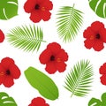 Red hibiscus and palm leaves seamless pattern.