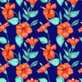 Red hibiscus rose flowers with green leaves, hand painted watercolor illustration, seamless pattern design on dark blue Royalty Free Stock Photo