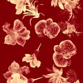 Red Hibiscus Set. Yellow Flower Background. White Watercolor Print. Floral Leaves. Seamless Illustration. Pattern Background. Trop Royalty Free Stock Photo