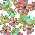 Red Hibiscus Textile. Colorful Seamless Garden. Purple Flower Leaves. Pink Watercolor Plant. Green Pattern Set. White Tropical Pla Royalty Free Stock Photo