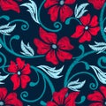 Red hibiscus tropical embroidery floral seamless pattern Royalty Free Stock Photo