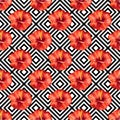 Red hibiscus tropical flowers on black and white strip rhombus. Royalty Free Stock Photo