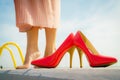 Red high heel classic shoes outdoor Royalty Free Stock Photo