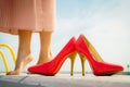 Red high heel classic shoes outdoor Royalty Free Stock Photo