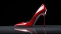 A red high heel shoe on a shiny surface with reflection, AI