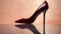 A red high heel shoe on a shiny surface with reflection, AI