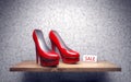 Red high heel woman shoes on shelve. sale. 3d rendering