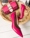 Red high-heeled shoe with a handbag Royalty Free Stock Photo