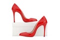 Red High Heels Wooman Shooes with Blank White Cardboard Shoebox. 3d Rendering