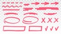 Red highlighter set - lines, arrows, crosses, check, oval, rectangle isolated on transparent background. Marker pen