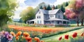 red hill style, countryside, watercolor illustration