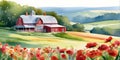 red hill style, countryside, watercolor illustration