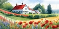 red hill style, countryside, watercolor illustration