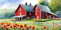 red hill style, countryside, watercolor illustration