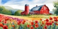 red hill style, countryside, watercolor illustration