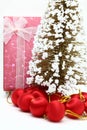 Red holiday box with christmas tree and ornament Royalty Free Stock Photo