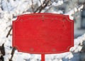 Red holiday Christmas wooden sign mockup empty placeholder entrance exit New Year Santa holiday market in the park during winter