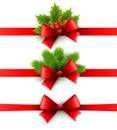 Red holiday ribbon with bow. holly and pine