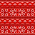 Red Holiday seamless pattern with cross stitch embroidered happy new year ornament heart and snowflake . Royalty Free Stock Photo