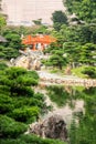 Red Hong Kong bridge,Chinese style architecture in Nan Lian Garden, Hong Kong Royalty Free Stock Photo