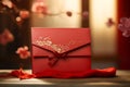 Red hongbao envelope on wooden table, Chinese tradition