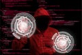 Red hooded hacker infiltrating a computer by circular controls