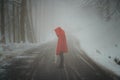 Red hooded woman in a desolate winter road