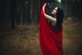 Red Hooded Woman Holding Apple Fairytale Portrait - Fairytale image of a beautiful  girl wearing a red hood near the forest Royalty Free Stock Photo