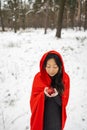 Red Hooded Woman Holding an Apple Fairytale Portrait in winter forest. Royalty Free Stock Photo