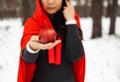 Red Hooded Woman Holding an Apple Fairytale Portrait in winter forest. Royalty Free Stock Photo