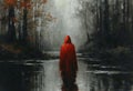 Red hooded woman in mysterious forest,illustration painting Royalty Free Stock Photo