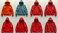 Red hoodies on a white background. A collection of different colored hoodies displayed on a plain white background