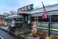 Three quarter view of the `Historic` Village Diner, a distinctive example of early-twentieth century American roadside architect