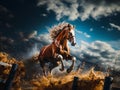 The red horse gallops quickly, overcoming obstacles on its way. AI generated Royalty Free Stock Photo