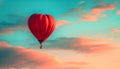 A red hot air balloon against a pastel sky, carrying a heart-shaped basket Royalty Free Stock Photo