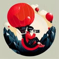 Red Hot Air Balloon Chinese Spying Camera Long Lens Photographer Political Cartoon Generative AI