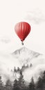 Monochromatic Minimalist Air Balloon Drawing In The Clouds And Mountains