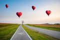 Red hot air balloons in the shape of a heart over cosmos flower field Royalty Free Stock Photo