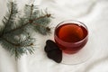 Red hot aromatic tea made from forest fruits or herbal or apples or red fruits in the glass cup on a white blanket. Royalty Free Stock Photo