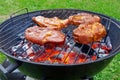 Red hot charcoals and steaks on charcoal grill Royalty Free Stock Photo